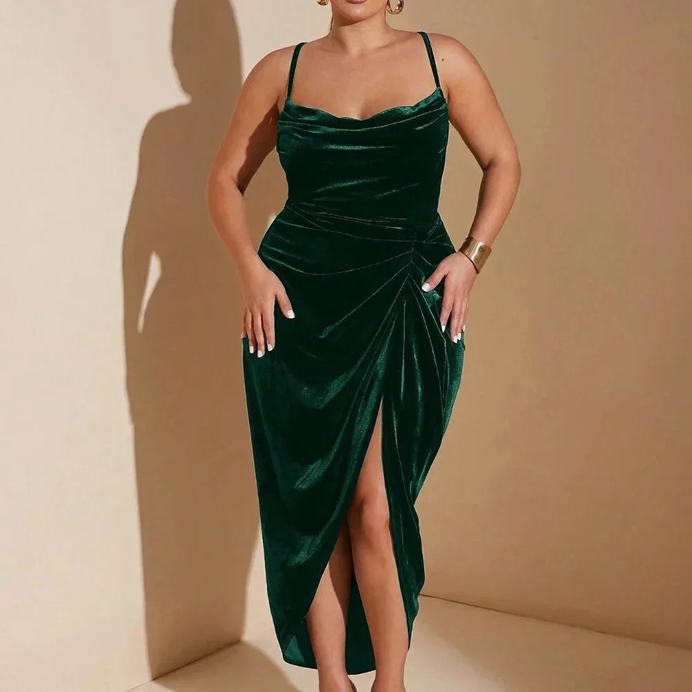 Dark Green Party Women's Plus Size Draped Neck High Slit Ruffle Hem Velvet Dress
